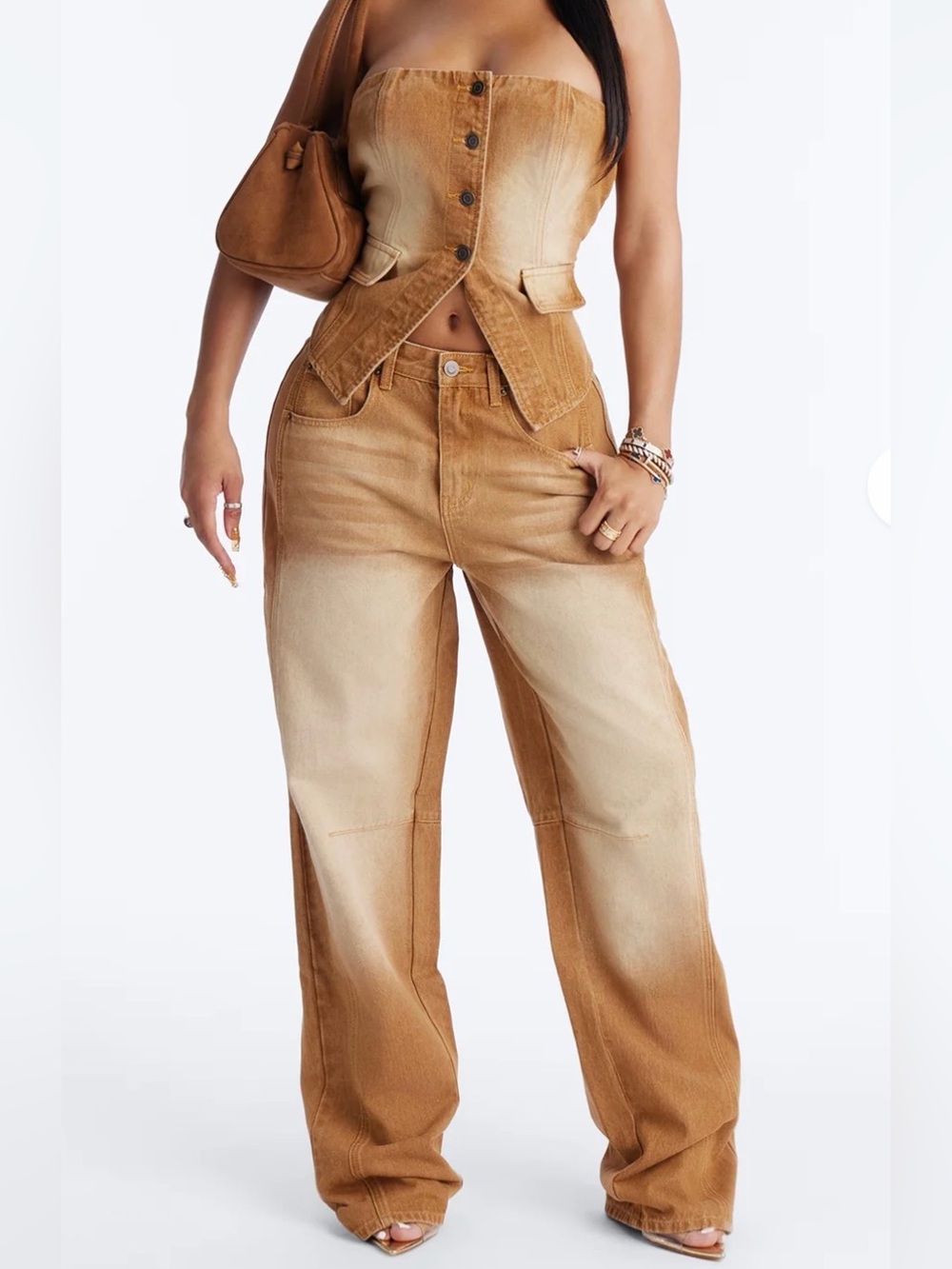 Fashion Nova Women's Tan Ombre Wide-Leg Jeans and strapless denim set